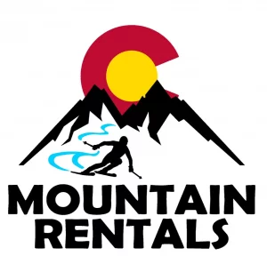Mountain Rentals logo with black mountain peaks, a red and yellow sun, and a skier carving through blue snow.